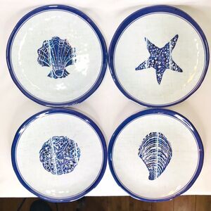 Set Of 4 Tommy Bahama Sea Shell Melamine Desert/Cake Plates Blue White Textured